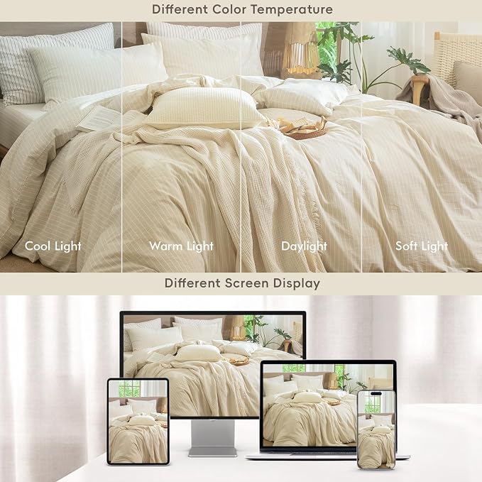 MooMee Striped Duvet Cover Set 100% Washed Cotton Linen Like Textured - Image 7