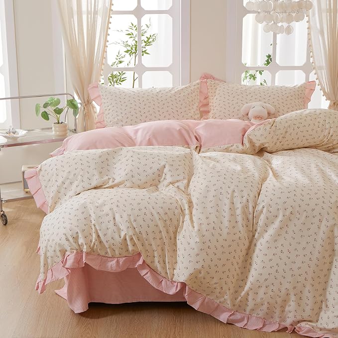mixinni Pink Floral Duvet Cover Set Twin Size – 100% Cotton Ruffle Lace Bedding - Image 3