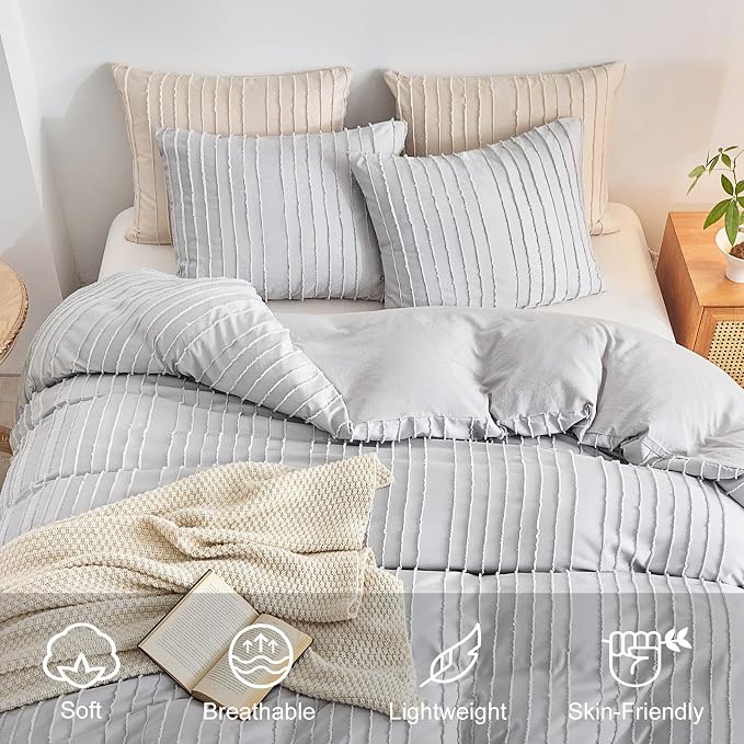 WARMDERN Light Grey Striped Duvet Cover Set, Boho Textured Tufted Bedding - Image 3