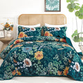 Yiran Peacock Green King Size Quilt, Sunflower Floral Bedspreads Bedding Set by Yiran