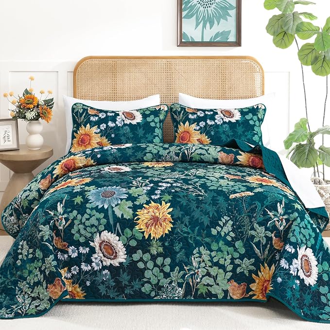 Yiran Peacock Green King Size Quilt, Sunflower Floral Bedspreads Bedding Set by Yiran