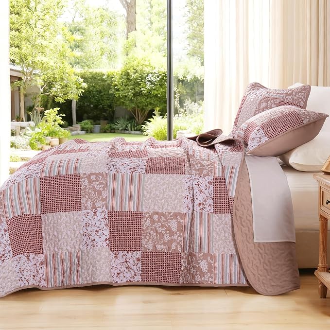 Mybedsoul Patchwork Quilt Set Queen Size, 3 Pieces Pink Floral Plaid Bedspread - Image 3