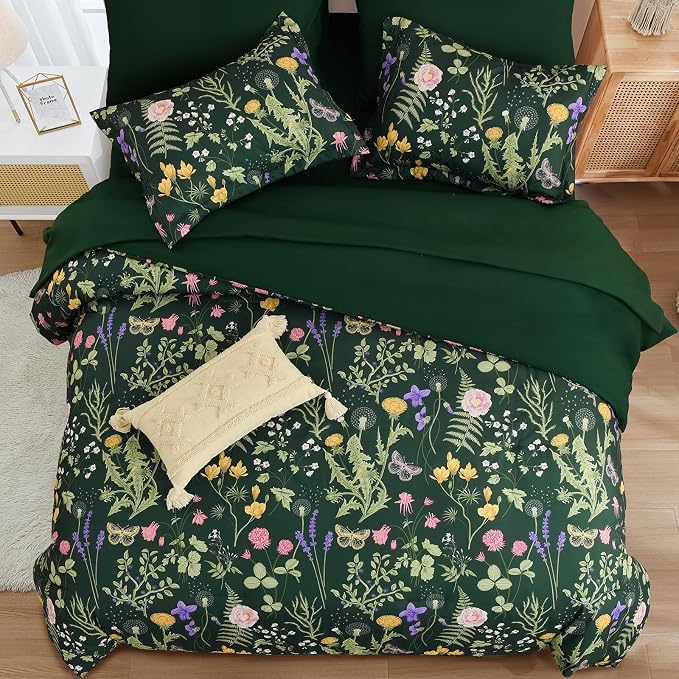 Yiran Queen Comforter Set 7 Piece, Dark Green Floral Bedding Set, Bed in a Bag - Image 3