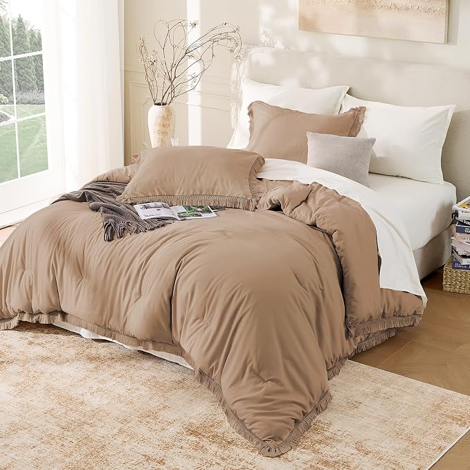 Andency Taupe Comforter Set Full Size, 3 Pieces Boho Tassel Lightweight Bedding - Image 6