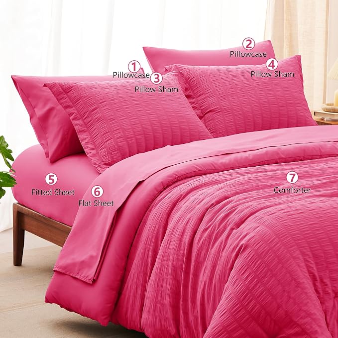 CozyLux King Size Comforter Set Hot Pink Seersucker 7 Pieces Bed in a Bag King - Image 8