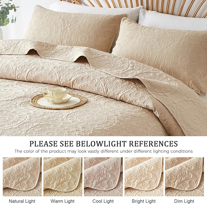 WURUIBO Beige Quilt Set King/Cal King Size, Embossing Microfiber Bedspreads - Image 6