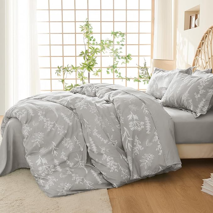 MUXHOMO Duvet Cover Queen Size, Reversible Floral Silver Gray Duvet Cover Set - Image 2
