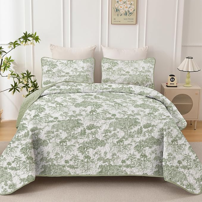 WONGS BEDDING Botanical Quilt Set Full Size, Sage Green 3 Pieces Toile Floral by WONGSBEDDING