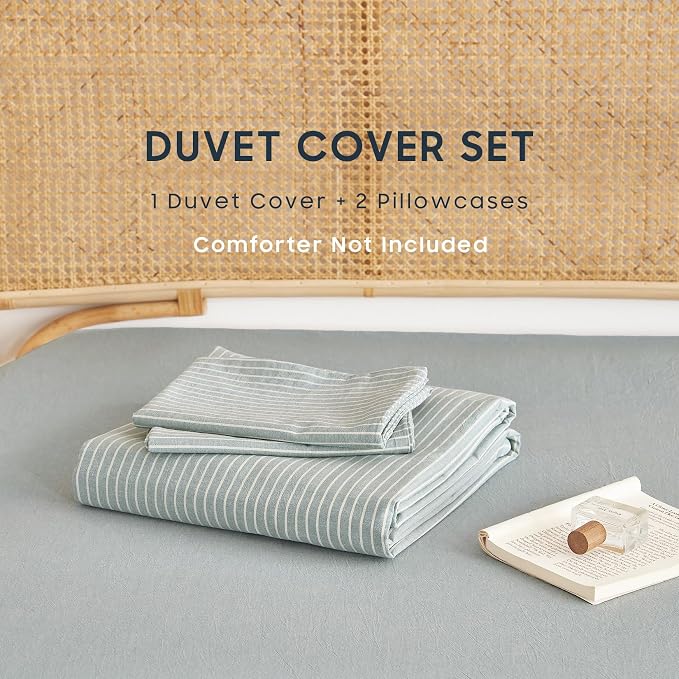 Wake In Cloud - Striped Cotton Duvet Cover Set, 100% Washed Cotton Textured - Image 2