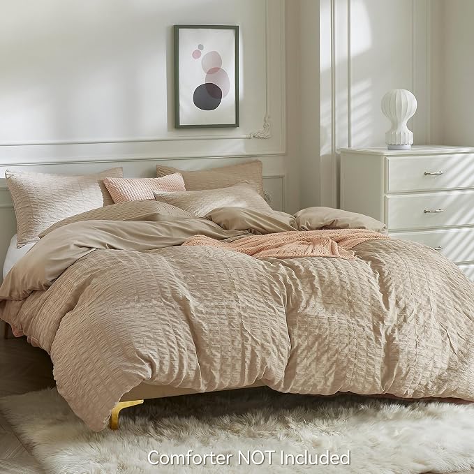 JELLYMONI Khaki Duvet Cover Full Size, Soft Breathable Seersucker Duvet Cover - Image 3