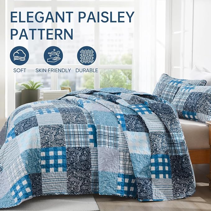 Xruibed Blue Quilt Set Queen Size 3 Pieces Plaid Floral Boho Bedspread Coverlet - Image 3