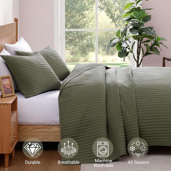 WRENSONGE Queen Quilt-3 Pieces Lightweight Bedspreads Olive Green Queen Size - Image 5