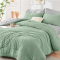 HYMOKEGE Sage Green/Light Grey Full Size Comforter Sets Seersucker 7 Pieces by HYMOKEGE