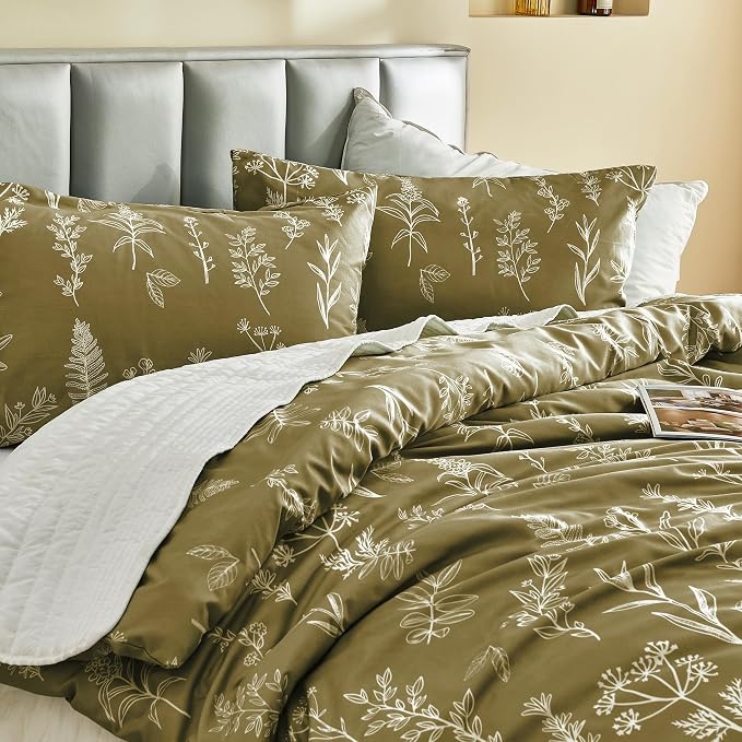 MUXHOMO Duvet Cover King Size, Reversible Floral Olive Green Duvet Cover Set - Image 8