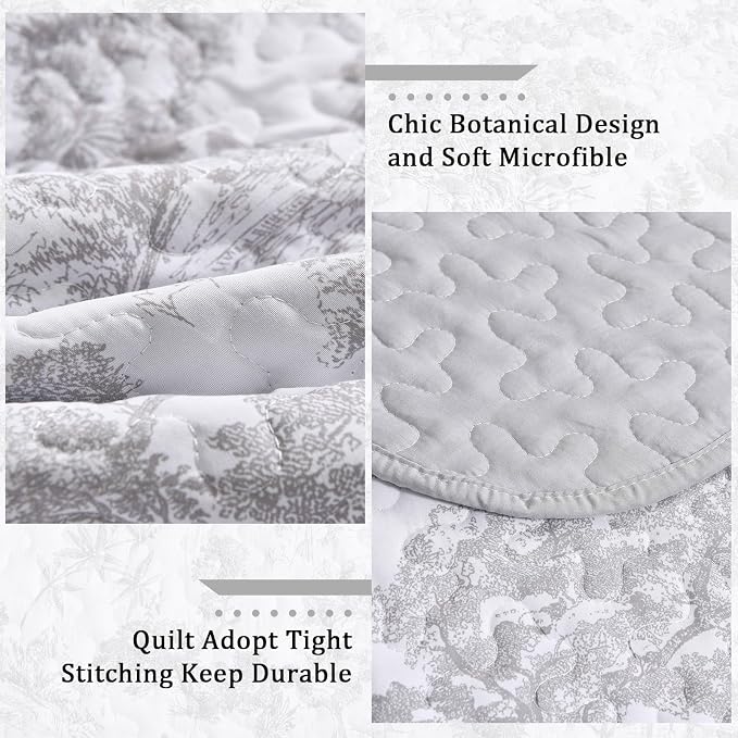 WONGS BEDDING Grey Quilt Set King Size, 3 Pieces Botanical Bedspreads Set - Image 5