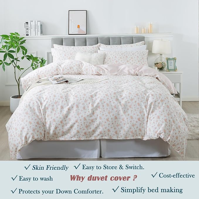 FADFAY Full Duvet Cover Set Pink Floral Comforter Cover 100% Cotton Girls Pink - Image 8