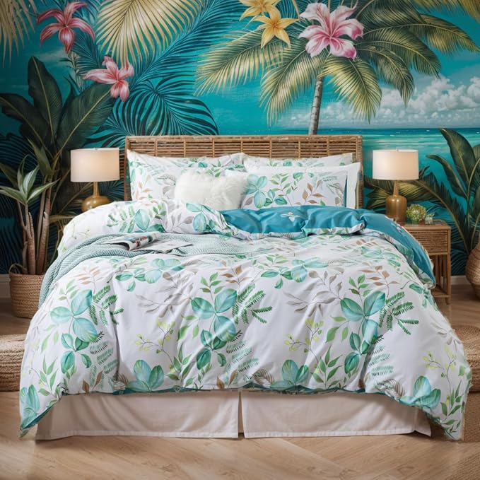 FADFAY Botanical Duvet Cover Sets Twin Size 100% Cotton Teal Green Leaves - Image 8
