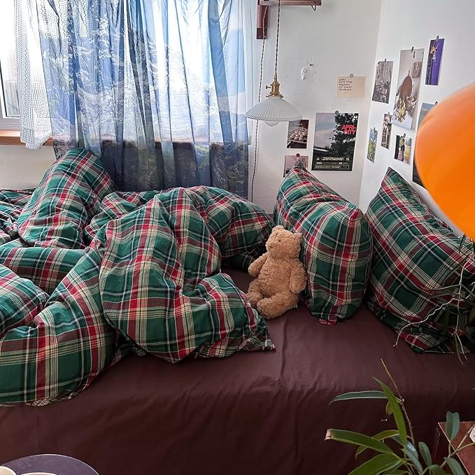 mixinni Vintage Green Buffalo Plaid Washed Cotton Duvet Cover Twin - Image 3