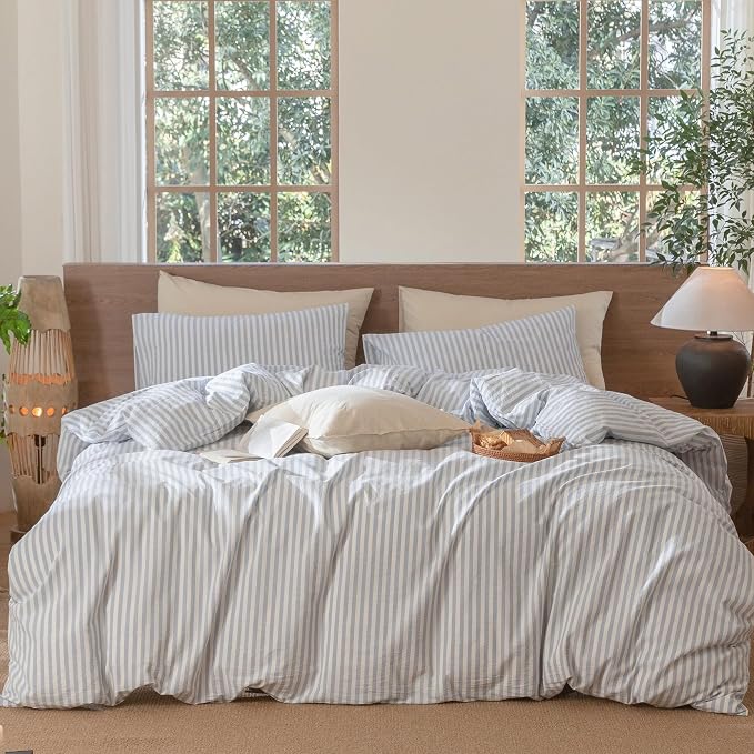 MooMee Striped Duvet Cover Set 100% Washed Cotton Linen Like Textured by MOOMEE