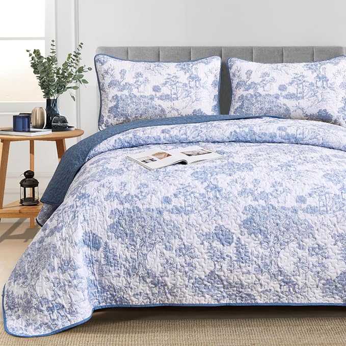 WONGS BEDDING Botanical Quilt Set California King Size, 3 Pieces Blue Toile - Image 7