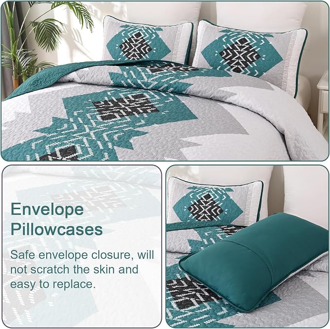 Dintszyayue Teal Boho Quilt Set Queen 3 Pieces Turquoise Aztec Texture - Image 4