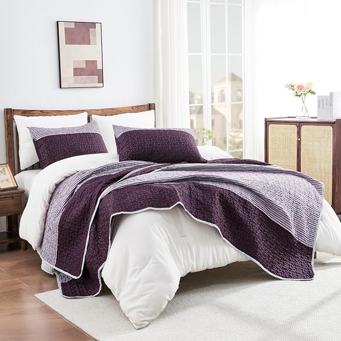 Andency Stripe Quilt Set Queen, 3 Pieces Purple and Grey Patchwork Bedspread - Image 4