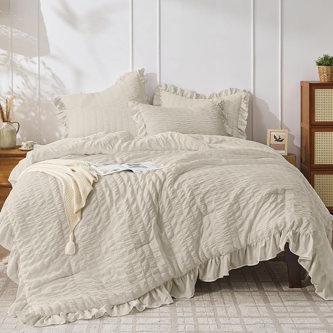JOLLYVOGUE Full Size Comforter, 3 Pieces Oatmeal Seersucker Lightweight Full by JOLLYVOGUE