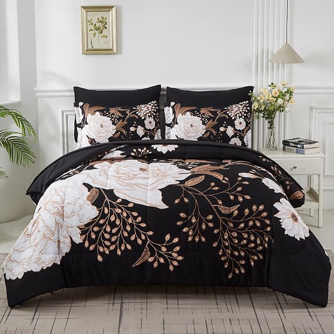 Yogeneg 7 Piece Bed in a Bag King Size Comforter Set Botanical Floral Bedding by YOGENEG