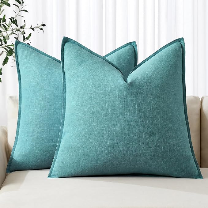MIULEE Decorative Linen Euro Sham Pillow Covers 24x24 Turquoise ​Boho by MIULEE