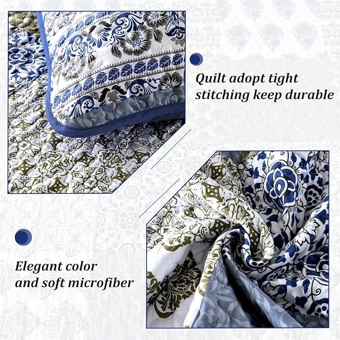 Mybedsoul Blue Quilt Set King Size 3 Pieces Boho Plaid Aqua Blue Floral - Image 5