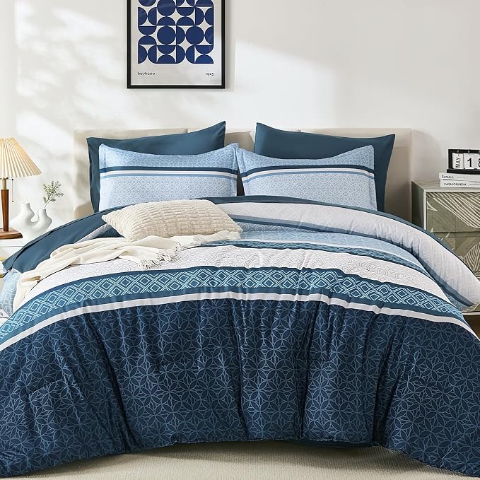 WONGS BEDDING Navy Blue King Comforter Set 7 Pieces, Boho Striped Bed in a Bag - Image 2