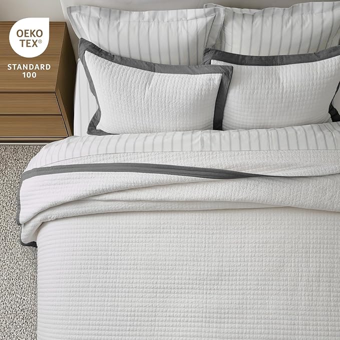 EVERGRACE Cotton Border Frame Tack-Stitch Quilt Bedding Set King Size, Coastal - Image 5