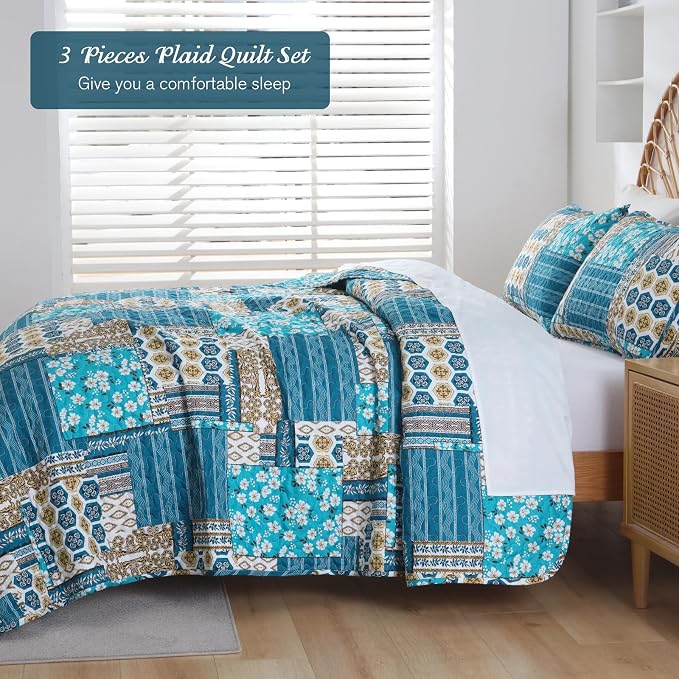Mybedsoul Dusty Blue Quilt Set King Size, 3 Pieces Plaid Floral Bedspread Set - Image 3