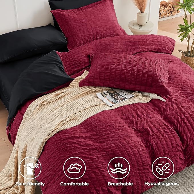 HYMOKEGE Red & Black King Size Comforter Set Seersucker 7 Pieces, All Season - Image 3