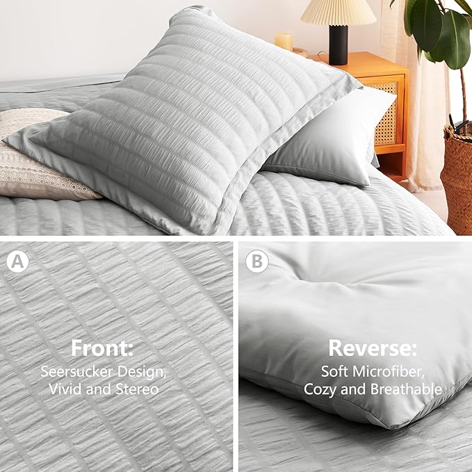 CozyLux Oversized Queen Comforter Set Light Grey Seersucker 7 Pieces 98x98 Bed - Image 4