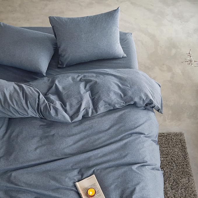 Wake In Cloud - Cotton Duvet Cover Set, Full Size, Chambray Denim Blue - Image 5