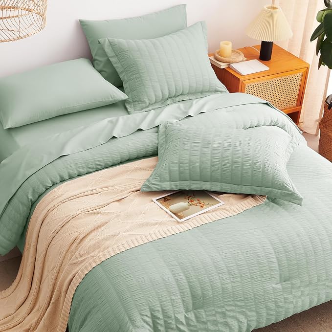 CozyLux King Size Comforter Set Sage Green Seersucker 7 Pieces Bed in a Bag - Image 6