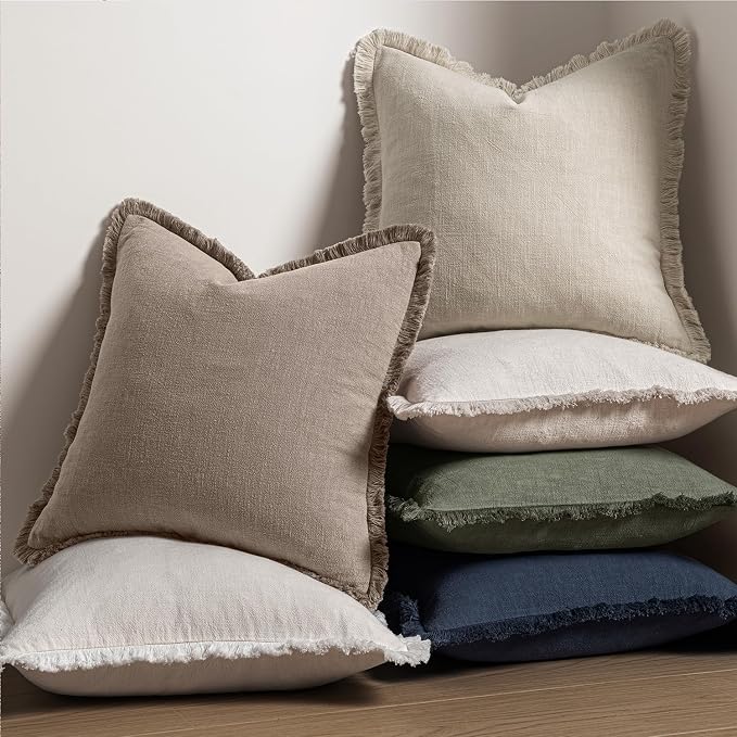 MIULEE Decorative Throw Pillow Covers Neutral Linen Fringe Throw Pillows Euro - Image 5