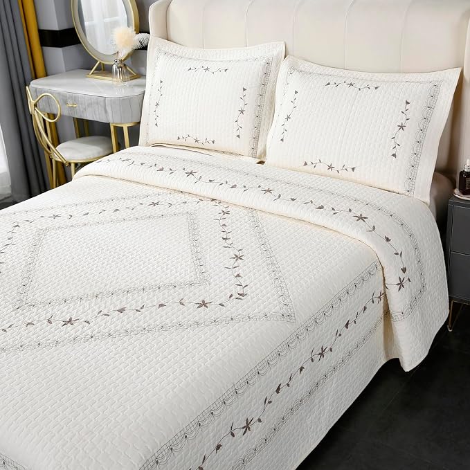 ROOMLIFE Quilt Set King Size 3D Floral Embroidery Pattern 3-Piece Cotton - Image 3