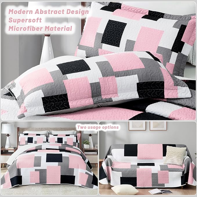 Tyrot 3 Piece Pink Grey Quilt Set California King Size Pink Gray White - Image 3
