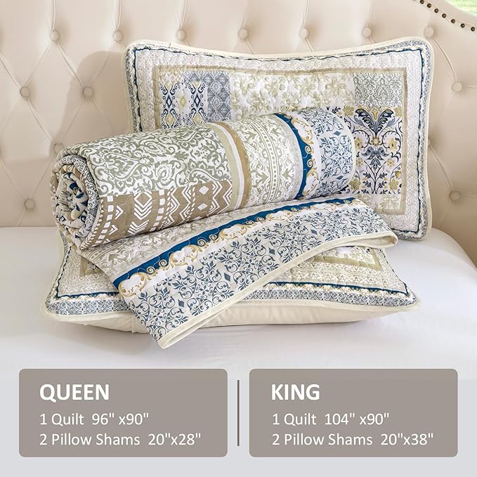 WONGS BEDDING Boho Quilt Set Queen, 3 Pieces Beige Patchwork Bedspread Coverlet - Image 6