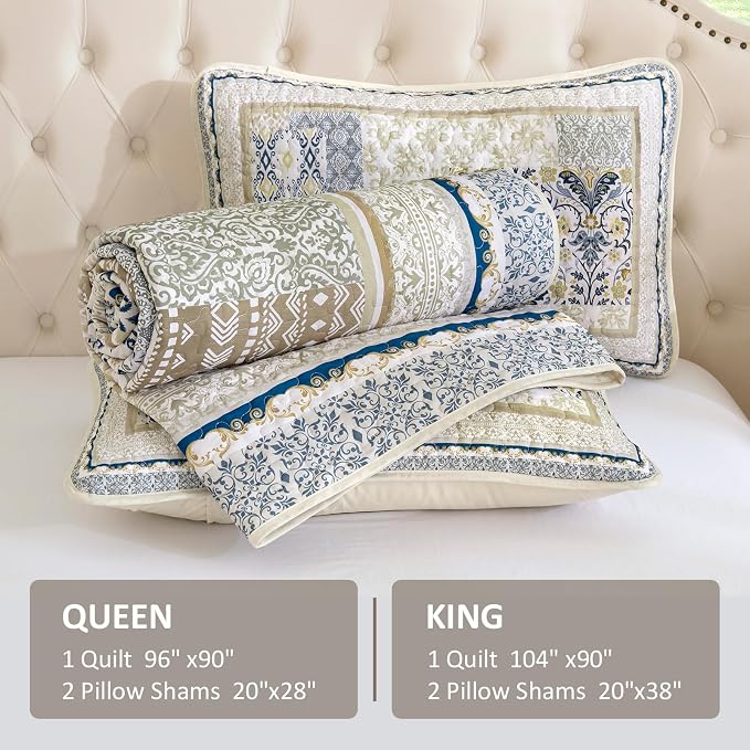 WONGS BEDDING Boho Quilt Set King, 3 Pieces Beige Patchwork Bedspread Coverlet - Image 6
