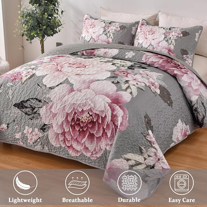 WONGS BEDDING Floral Quilt Set King, 3 Pieces Reversible Elegant Pink Flower - Image 3
