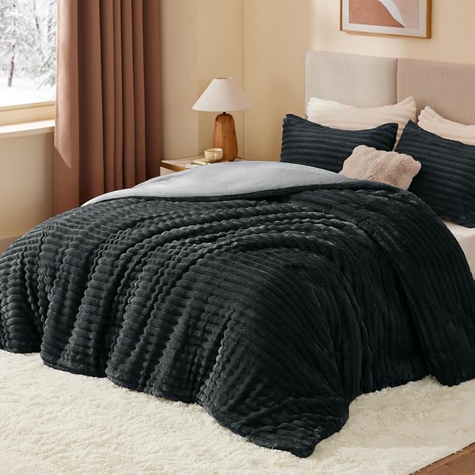 BEDELITE Fleece California King Comforter Set -Super Soft & Warm Fluffy Black - Image 2