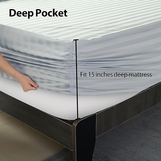 King Size Striped Fitted Sheet Only Gray Color, 100% Egyptian Cotton 600 Thread - Image 5