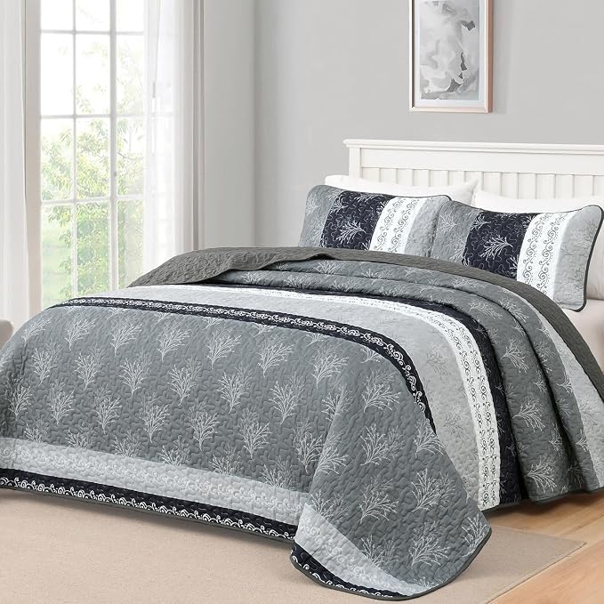 DJY Gray Quilt Set Queen Size Boho Striped Patchwork Bedspread Coverlet by HOME