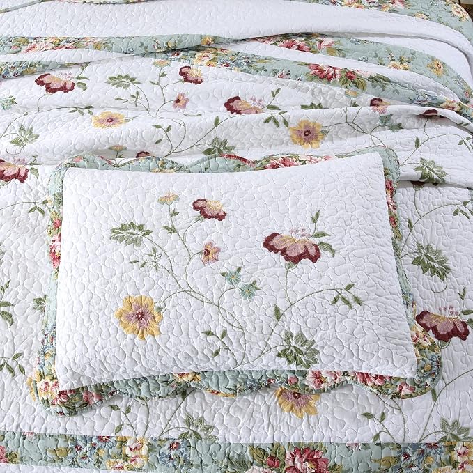 ROOMLIFE Quilt Set Queen Size 3D Floral Embroidery Pattern 3-Piece Cotton - Image 7