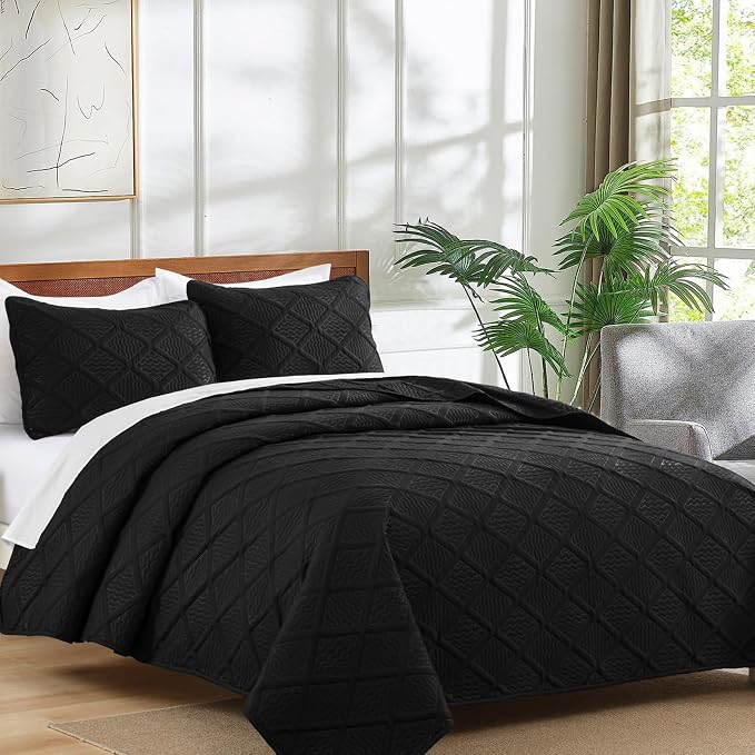 Yiran Quilt Queen Size Bedding Set Black Bedspreads Embossed Diamond Pattern - Image 3