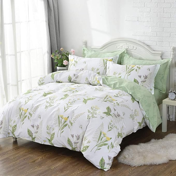 FADFAY Girls Floral Bedding Twin Duvet Cover Set Premium 100% Cotton Green - Image 2
