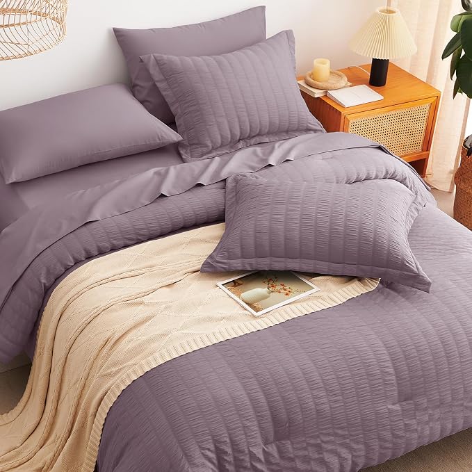 CozyLux Queen Comforter Set Dusty Purple Seersucker 7 Pieces Bed in a Bag Queen - Image 6